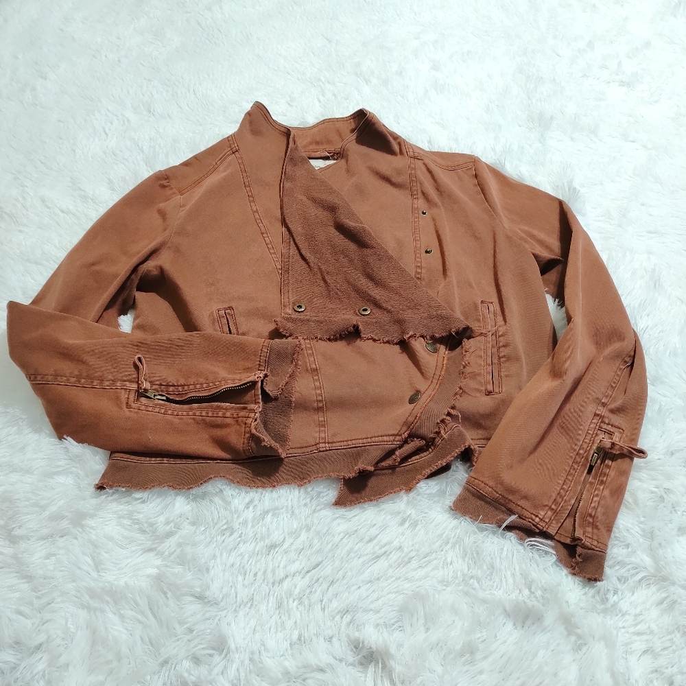 American Rag Large Brown Boho Jacket Asymmetrical Snap Up Zippered Cuff